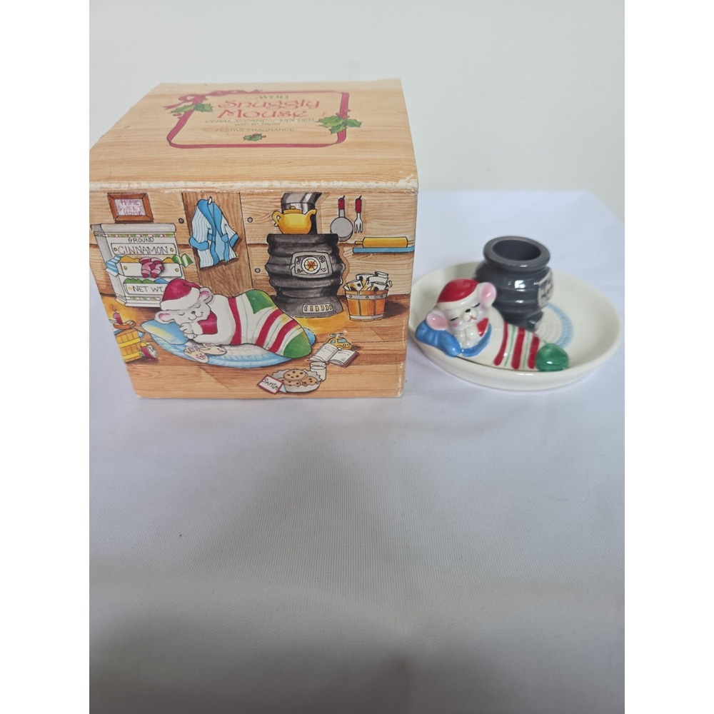 Vintage 1983 Avon Christmas Snuggly Mouse By Stove - Ceramic Candle Holder 4"w